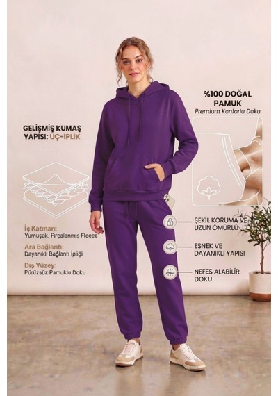 Moibody Kadın 3 İplik Şardonlu Eşofman Takımı Premium Kapüşonlu Sweatshirt Ve Jogger Alt Mor Mor