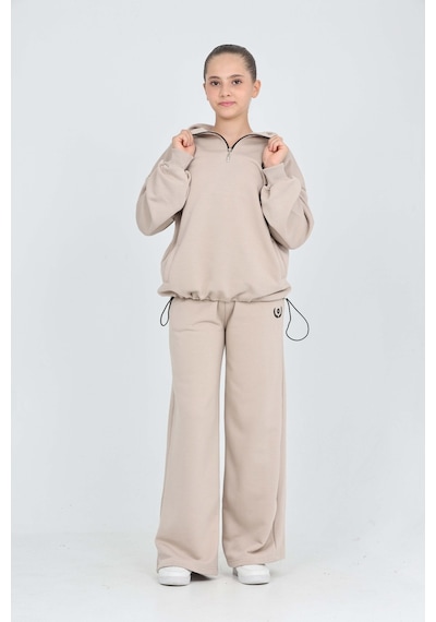 Toontoy Kids Toontoy Kız Çocuk 2'li Takım Dik Yaka Yarım Fermuarlı Nakışlı Sweatshirt & Beli Lastikli Bol Paça Cepli Eşofman Altı Bej