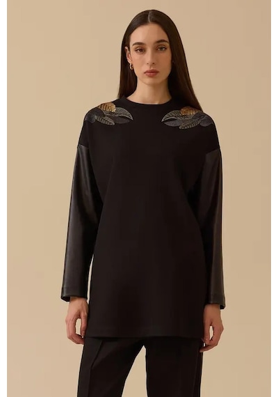 Kadın Omuz Nakışlı Sweatshirt - Siyah Siyah