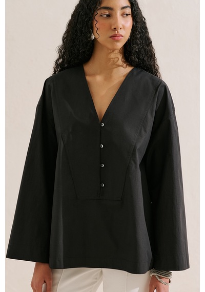 Manuka Poplin Geniş Kol V Yaka Gömlek Siyah Ss26gml00023-021.10199 SİYAH