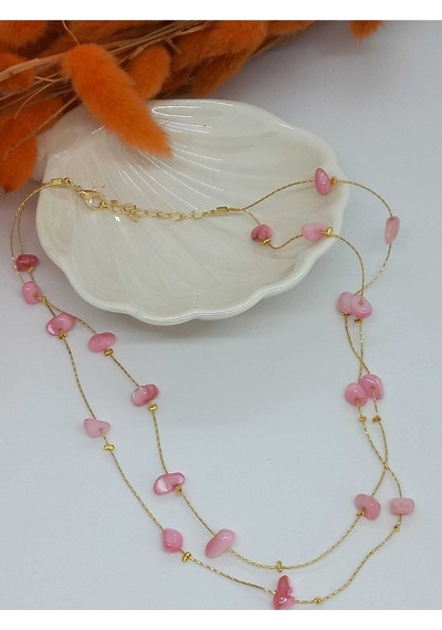 Gold Doğal Taşlı Zincirli Kolye 312 -  Pembe