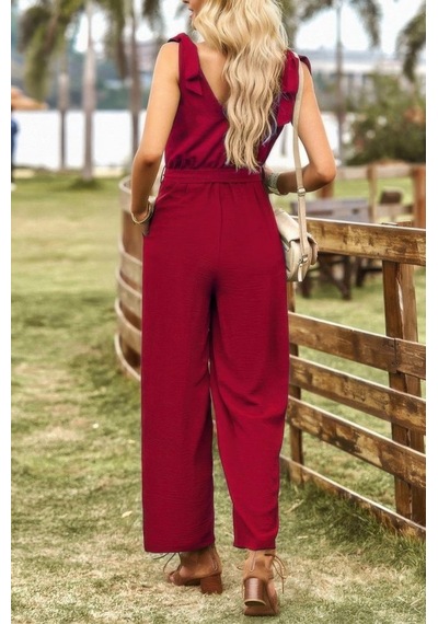 Defymoda Kadın Omuzlardan Bağlamalı V Yakalı Beli Kuşaklı Aerobin Tulum Bordo