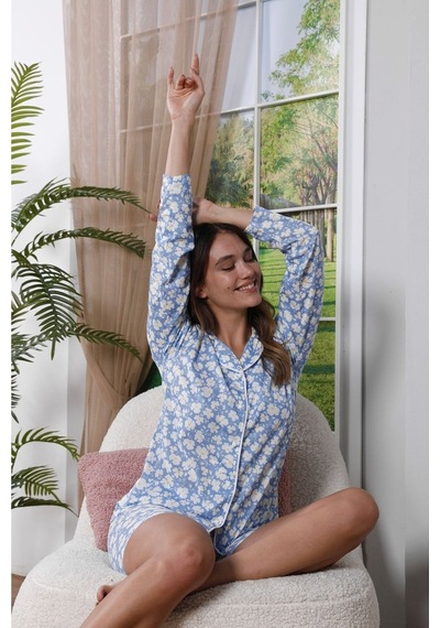 Mh Moony Homewears 3'lü Mavi Üzerine Beyaz Papatyalı Gömlekli Şortlu Uzun Altlı Pamuk Pijama Takımı Mavi