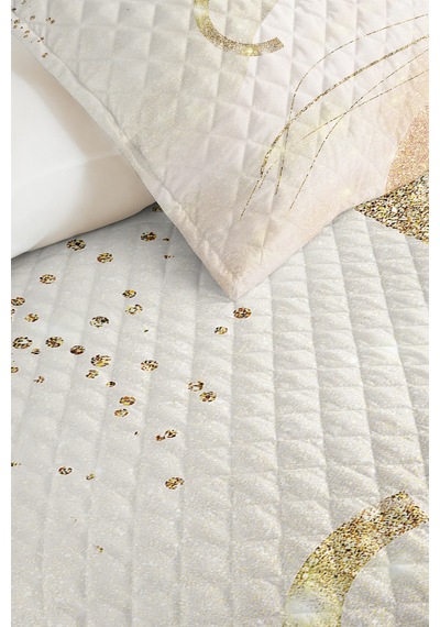 Modern Gold Genç Odası Tek Kişilik Pike Takımı - Soyut Simli Krem 160x220 Cm Kapitone Yatak Örtüsü Narin Kahve Kıyımı