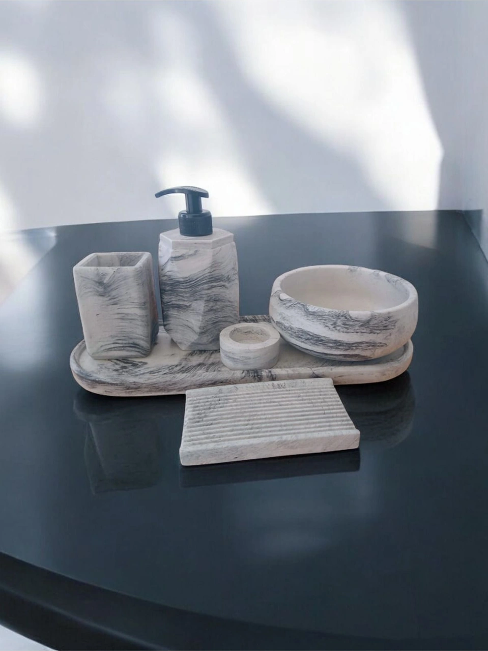 Marble Serisi Antrasit 6'lı Beton Banyo Seti,sabunluk,diş Fırçalık,tepsi,mumluk,aksesuar,dekorasyon Antrasit