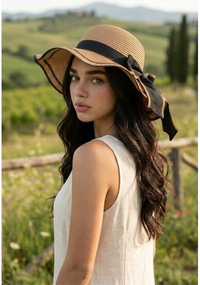 Gigi Luxe Kadın Dalgalı Geniş Siperli Fiyonklu Yazlık Organik Hasır Şapka Camel Camel
