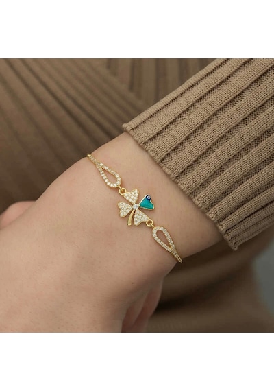 Gümüş Gold Nazarlı Yonca Bileklik Çok Renkli