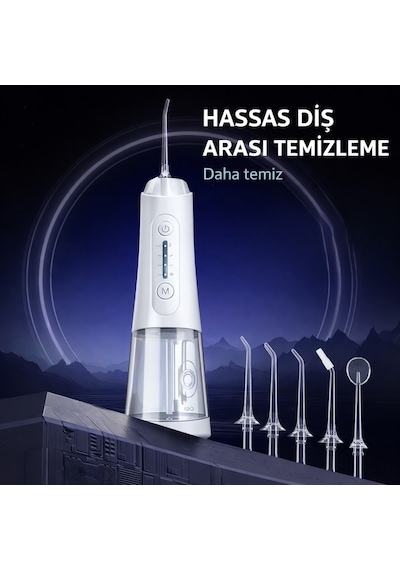 Şarjlı Ağız Duşu 320ml Su Hazneli 4 Modlu Ipx7 Su Geçirmez Type-c Ağız İçi Temizleme Cihazı 5 Başlıklı
