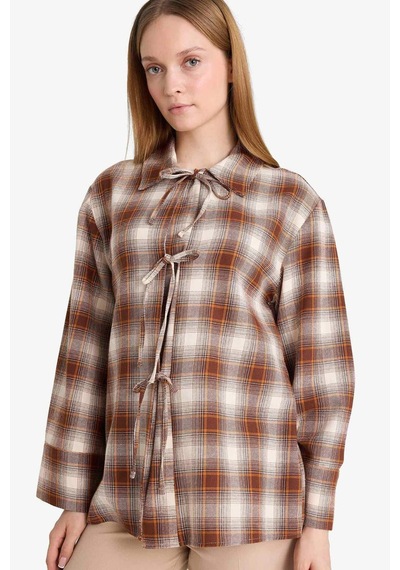 Defacto Regular Fit Dama Desenli Flanel Önden Bağlamalı Uzun Kollu Tunik G1382ax25wnbn341 Kahve-bn341