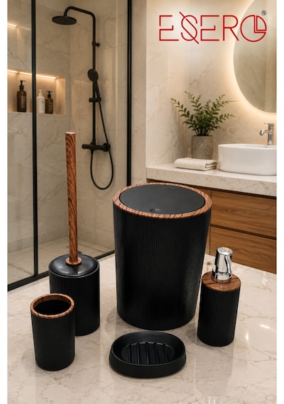 351 Siyah Lüks 5'li Banyo Seti Siyah Ahşap Desenli Çöp Kovası Wc Fırçası Sabunluk Diş Fırçalık Sıvı Sabunluk Modern Banyo Aksesuar Takımı
