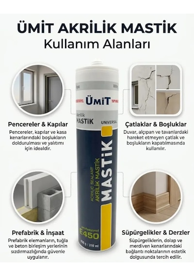 Boyanabilir Beyaz Akrilik Mastik 450 Gr Kapı Pencere Ve Duvar Dolgu Malzemesi