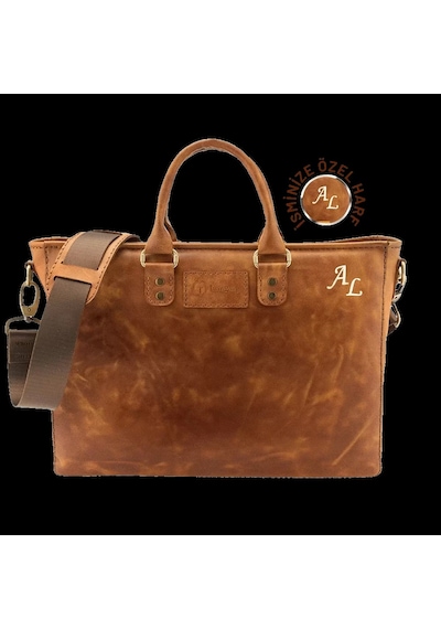 Twingold İsme Özel Günlük Kullanım El Omuz Evrak Laptop Çantası - %100 Deri - Ac09004 - Camel Camel