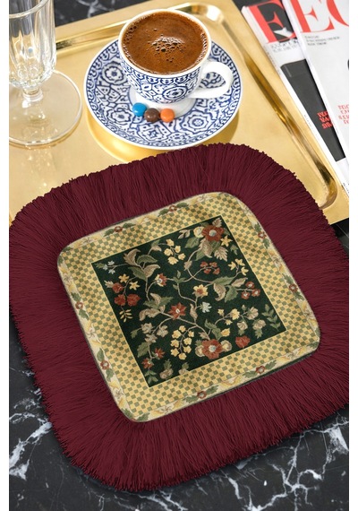 Lüks Vintage Çiçekli Saçaklı Sunum Peçetesi - Klasik Bohem Siyah Altın Bordo Bardak Altlığı Mendil Çok Renkli
