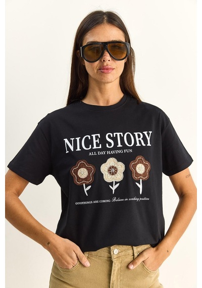 Shade Kadın Nice Story Yazı Ve Nakış Detaylı Relaxed Fit T-shirt 7635 60286116 - Siyah