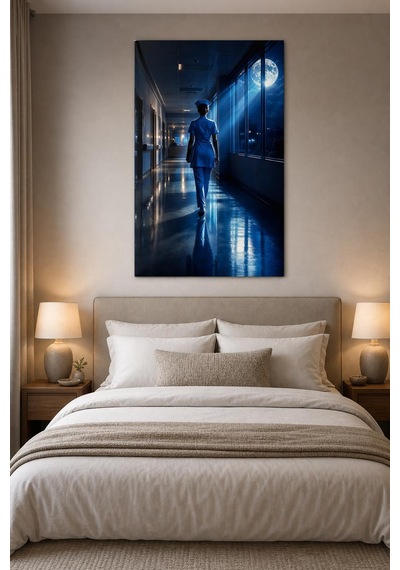 Gece Nöbeti Hemşire Baskılı Cam Tablo Uv Baskı Modern Hastane Duvar Dekoru