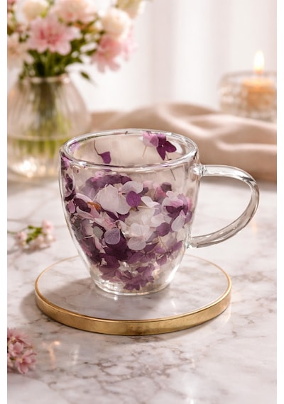 Makri Home Mor Beyaz Çiçekli Çift Cidarlı Cam Kupa, 350 Ml, 11 Cm X 8 Cm Çok Renkli