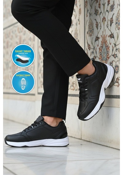 Walkway Siyah Beyaz Bağcıklı Kaymaz Taban Erkek Spor Ayakkabı Erya M Siyah - Beyaz