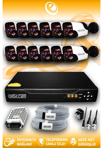 Elitcam 12 Kameralı Panda 12 Dış Kamera Set HDD'siz Full HD Gece Görüşlü Güvenlik Kamerası Sistemi