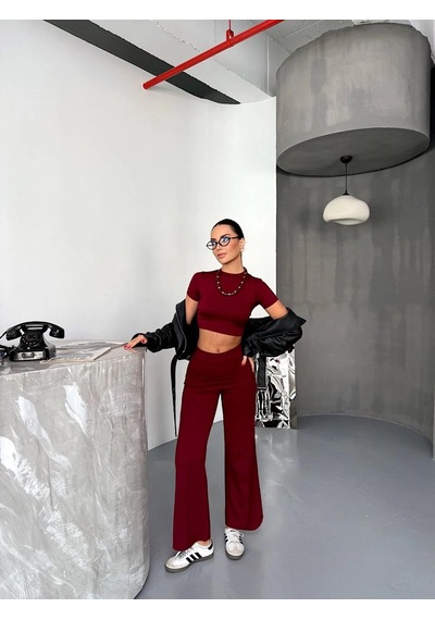 Primemagazam Kadın Modal Yumuşak Dokulu Crop Üst İspanyol Paça Pantolon İkili Takım - Bordo Çeşitli Primemagazam Kadın Modal Yumuşak Dokulu Crop Üst İspanyol Paça Pantolon İkili Takım - Bordo Çeşitli
