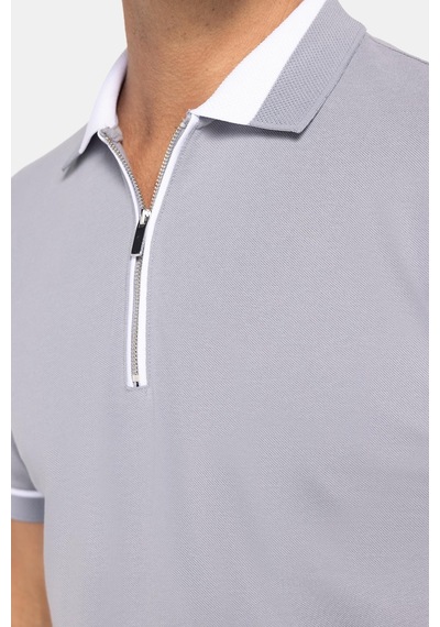 Tudors Erkek Slim Fit Dar Kesim %100 Pamuk Düz Pike Fermuarlı Gri Polo Yaka Tişört-31108 Gri