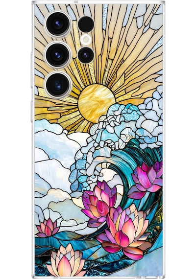 Printify Samsung Galaxy S23 Ultra İle Uyumlu Vitray Okyanus Sabahı Tasarımlı Şeffaf Silikon Kılıf Şeffaf