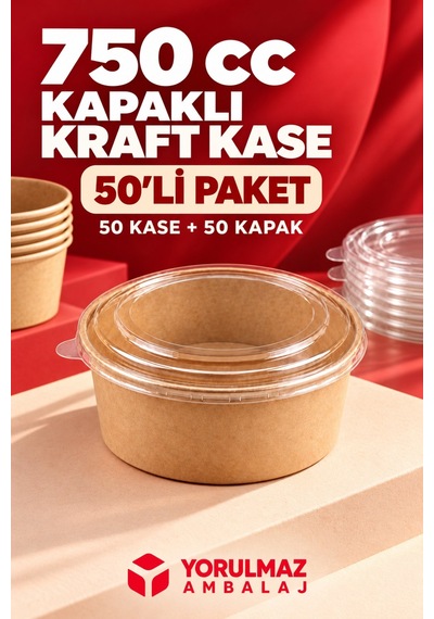 750 Cc Kapaklı Kraft Salata Kase 50'li Sıcak Soğuk Gıdaya Uygun Sızdırmaz Kap