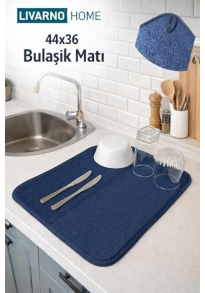 Aksu Livarno Mikrofiber Bulaşık Altlığı Kurutma Matı Katlanabilir Çift Yüzey Germany 44x36 Cm. Lacivert Açık Gri