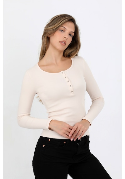 Hdm Kadın Fildişi Uzun Kollu Fitilli Patlı Düğmeli Basic Örme Bluz - H6162 Ekru