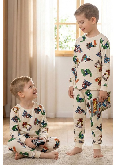 Zuzunga Süper Kahramanlar Desenli  Pamuk Beyaz Erkek Çocuk Pijama Takımı