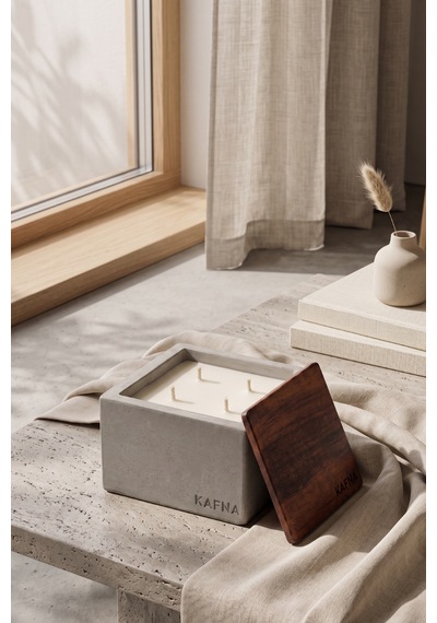 Kafna Büyük Boy Beton Mum Doğal Ahşap Kapaklı Minimalist Dekor Mum Diğer