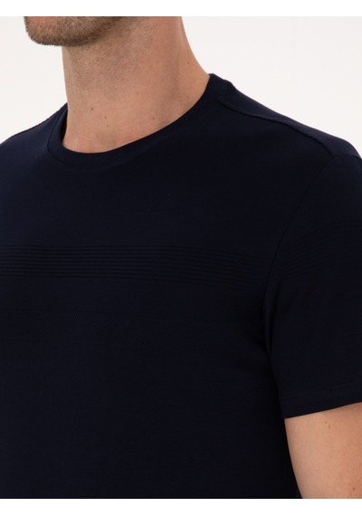 Lacivert Slim Fit %100 Pamuk Bisiklet Yaka Şerit Detaylı T-shirt