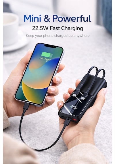 22.5w Hızlı Şarj Mini Powerbank 10000mah Dahili Lightning & Type-c Kablolu Taşınabilir Şarj Cihazı, Dijital Göstergeli, Kompakt Premium Tasarım Gri - Siyah 22.5w Hızlı Şarj Mini Powerbank 10000mah Dahili Lightning & Type-c Kablolu Taşınabilir Şarj Cihazı, Dijital Göstergeli, Kompakt Premium Tasarım Gri - Siyah