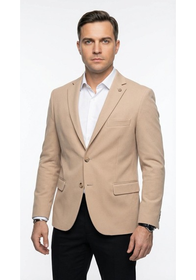 Plus Scorpion Erkek Slim Fit Ceket Likralı Fitilli Kumaş, Çift Düğmeli Tek Yırtmaçlı Modern Tasarım Krem