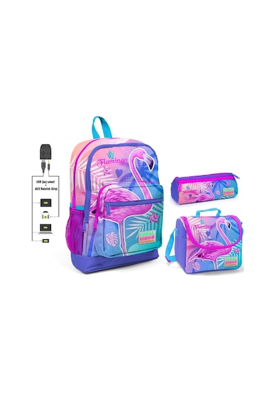 Coral High Pembe Flamingo Baskılı Kız Çocuk İlkokul Çanta Seti -