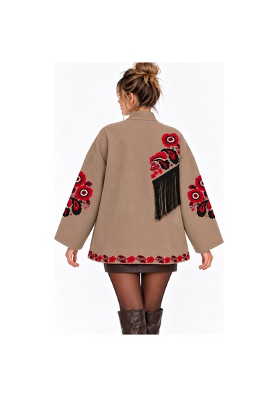 Saade Camel Etnik Çiçek Nakışlı Püsküllü Kimono Ceket