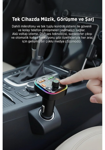 Bluetooth Araç Çakmaklık Fm Transmitter Işıklı Mp3 Çalar Type-c Hızlı Şarj Araç Şarj Cihazı