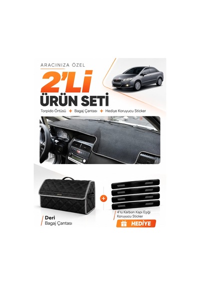 Fıat Linea 2007-2015 Uyumlu Torpido Örtüsü + Deri Bagaj Çantası + Sticker Seti - Siyah Gri