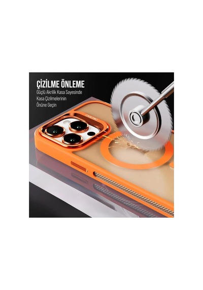 iPhone Uyumlu 13 / 14 Kamera Korumalı Stantlı Magsafe Destekli Mat Lens Koruyucu Telefon Kılıfı Orange