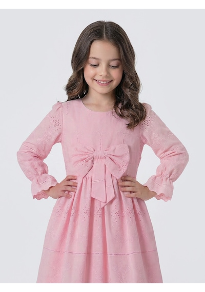 Pina Kids Kız Çocuk Uzun Kollu Önü Kurdelalı Fisto Elbise Pembe