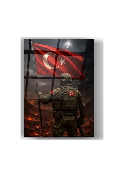 Türk Bayrağı Ve Asker Figürlü Cam Tablo Milliyetçi Ve Vatan Temalı Dekoratif Cam Duvar Tablosu