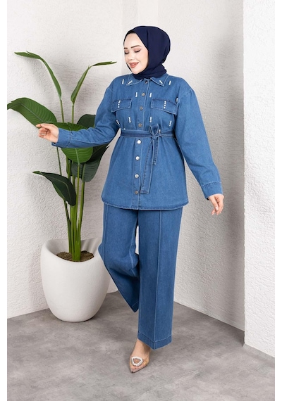 Misskayle Taş Detaylı Kuşaklı Denim Tesettür Takım Açık Mavi Açık
