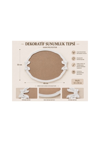 Fiyonk Detaylı İnce Kenar Dekoratif Sunumluk Tepsi Ham Polyester 40x33 Cm