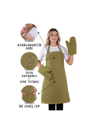 Simple 3lü Set Ayar Askılı Cepli Mutfak Önlüğü Seti 2 Eldiven Şef Garson Kafe Aşçı Barista Fıstık Yeşili