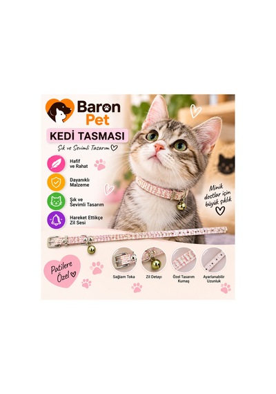 Kedi Tasması Pembe Mozaik Desenli Zilli Ayarlanabilir Suni Deri Kedi Boyun Tasması