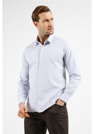 İmza Gri Kendinden Desenli Sert Yaka Uzun Kol Cepsiz Slim Fit Pamuklu Gömlek 1004255283 Gri