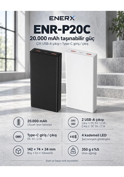 ENERX Powerbank 20000 Mah 2.1 Amper Enr-p20c Beyaz