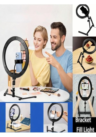 Masa Üstü 10 Inç Led Ring Light Tripodlu Telefon Tutucu 3 Işık Modu Usb Bluetooth Kumanda