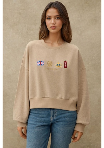 Hiccup İşlemeli Yuvarlak Yaka Sweatshirt Natural