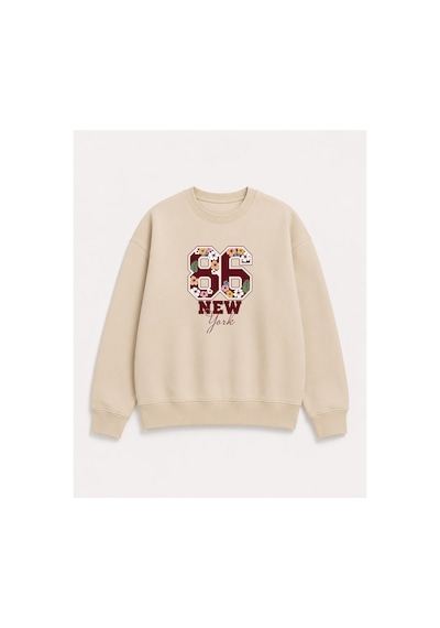 Herkesemoda Rakam Ve Çiçekler Baskı Detaylı Bisiklet Yaka Şardonlu 2 İplik Sweatshirt Bej