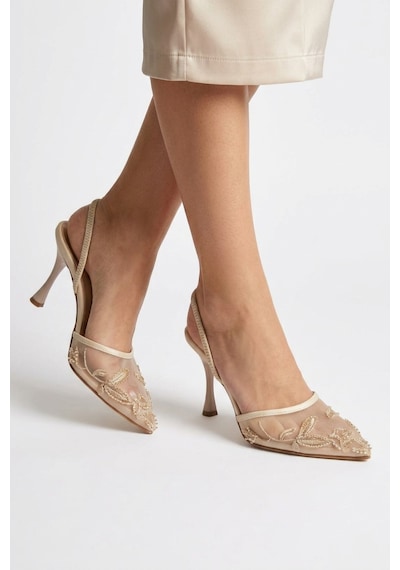 Fox Shoes Y752276315 Bej File Boncuk İşlemeli İnce Topuklu Kadın Ayakkabı
